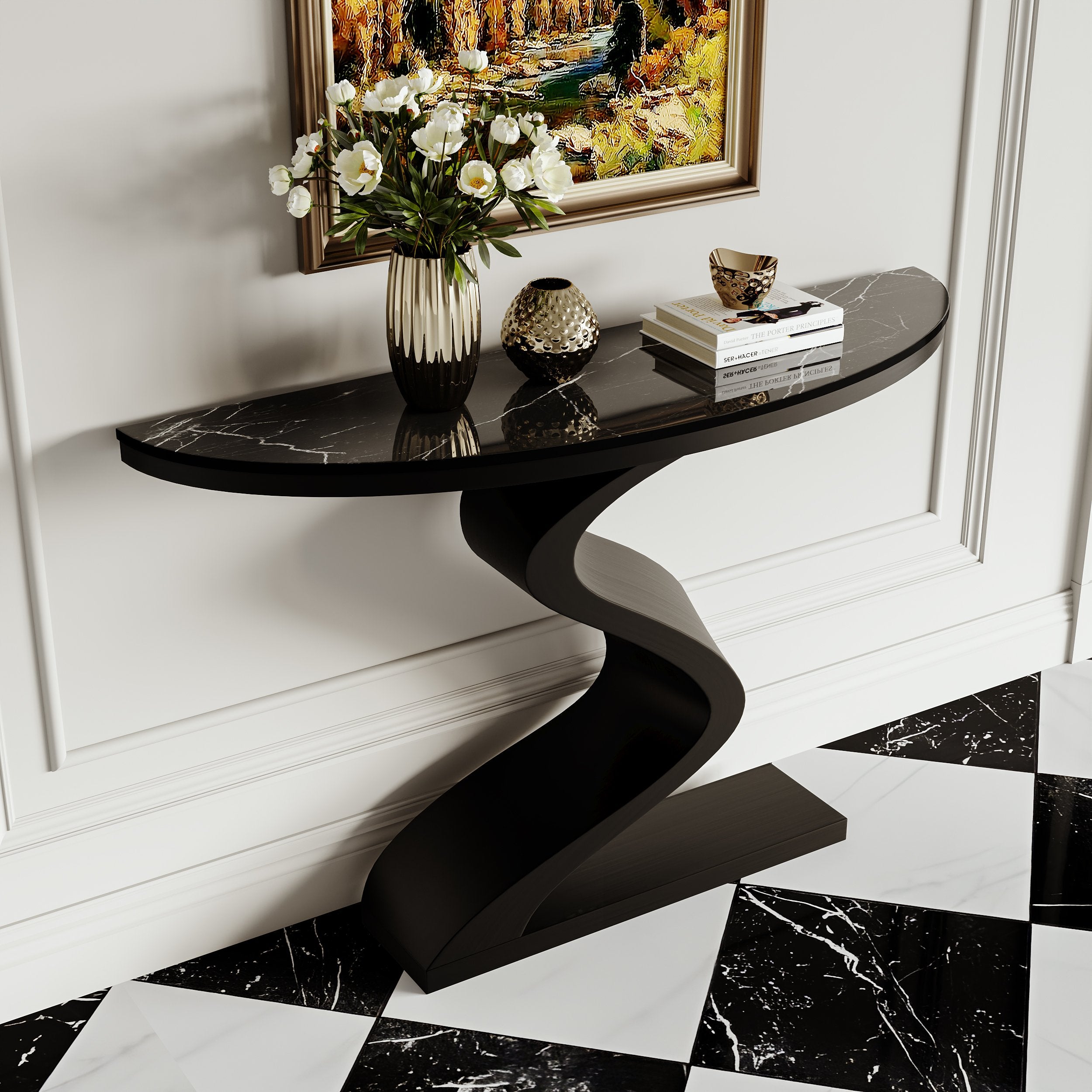 HMR - Modern 39.4" Curved Console Table with Sintered Stone Top Half Moon Shape