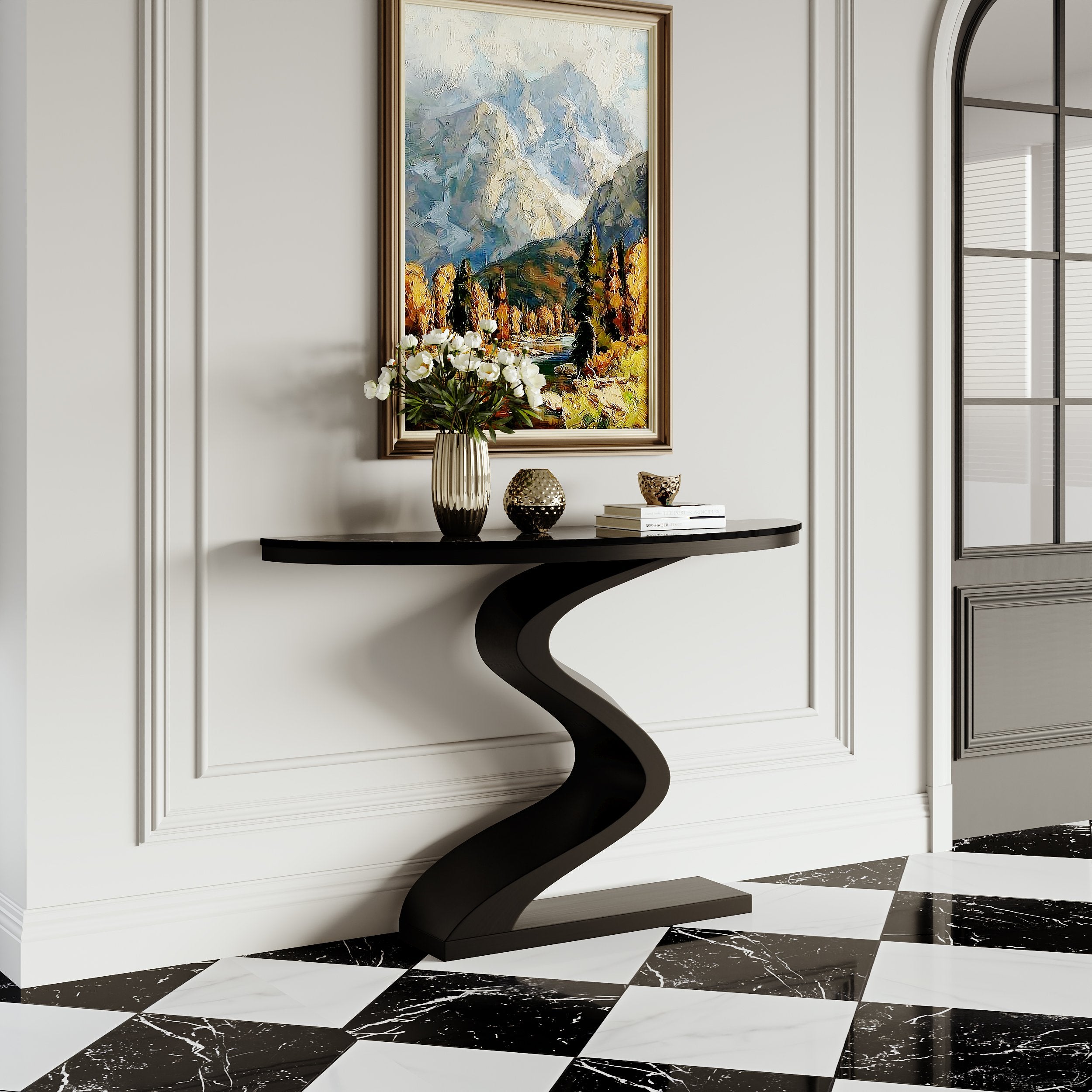HMR - Modern 39.4" Curved Console Table with Sintered Stone Top Half Moon Shape