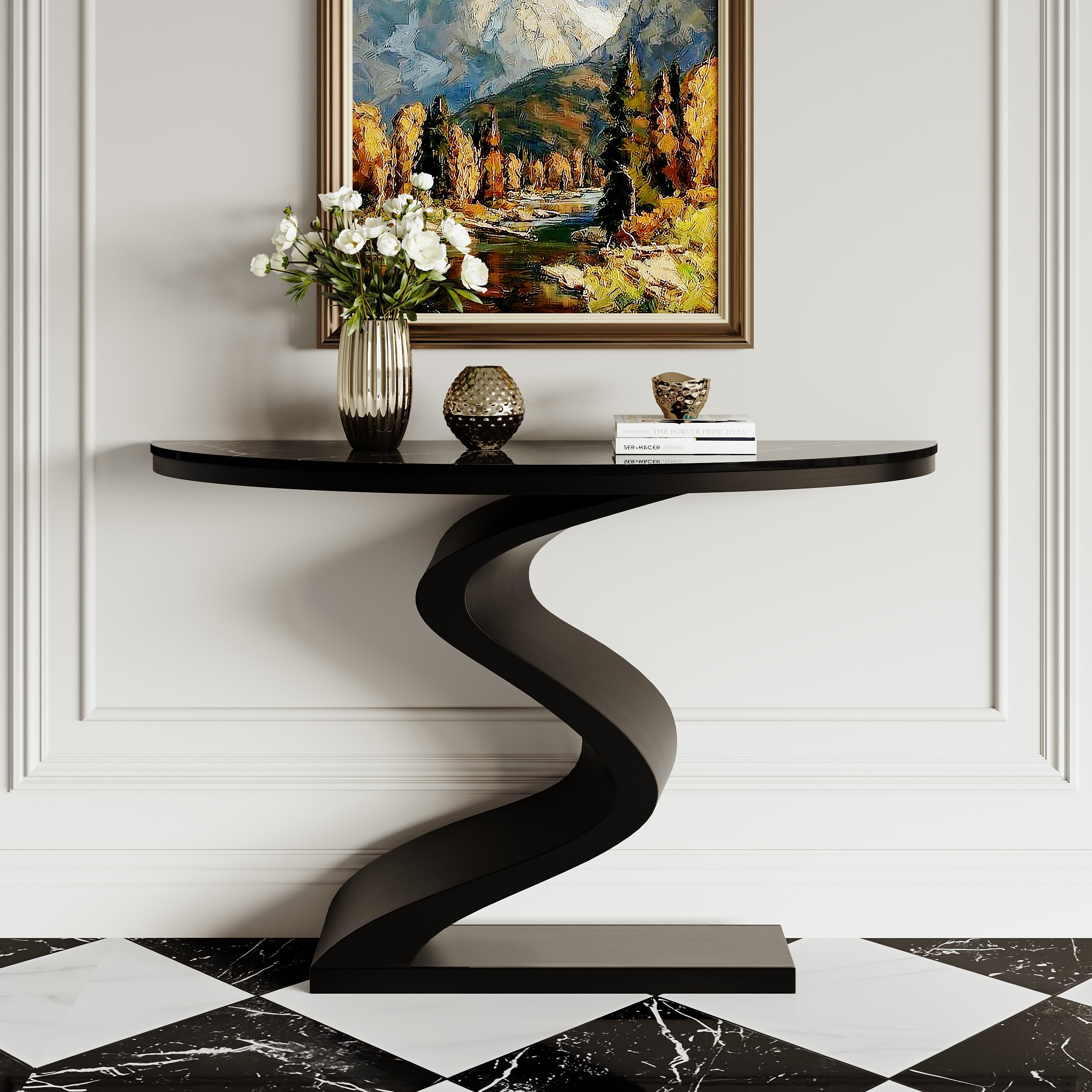 HMR - Modern 39.4" Curved Console Table with Sintered Stone Top Half Moon Shape