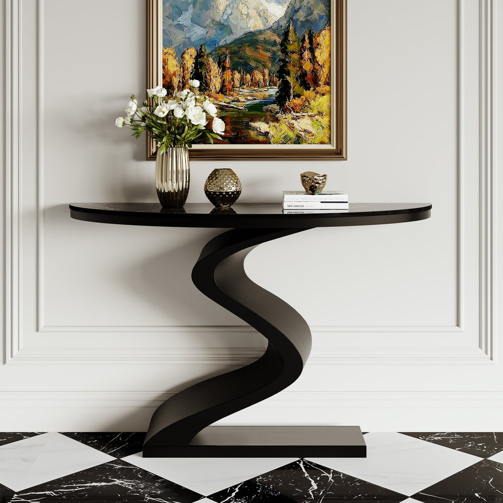 HMR - Modern 39.4" Curved Console Table with Sintered Stone Top Half Moon Shape
