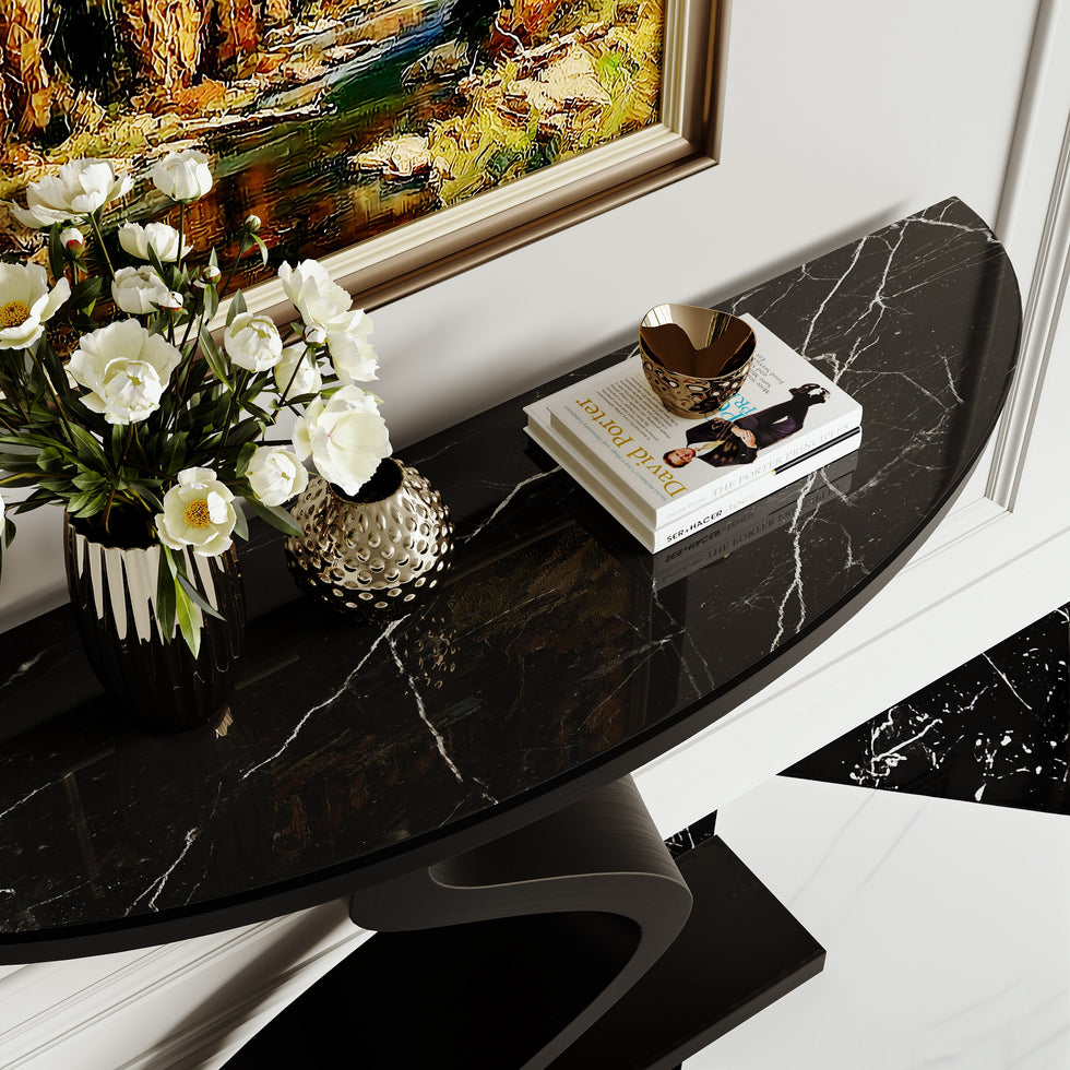 HMR - Modern 39.4" Curved Console Table with Sintered Stone Top Half Moon Shape