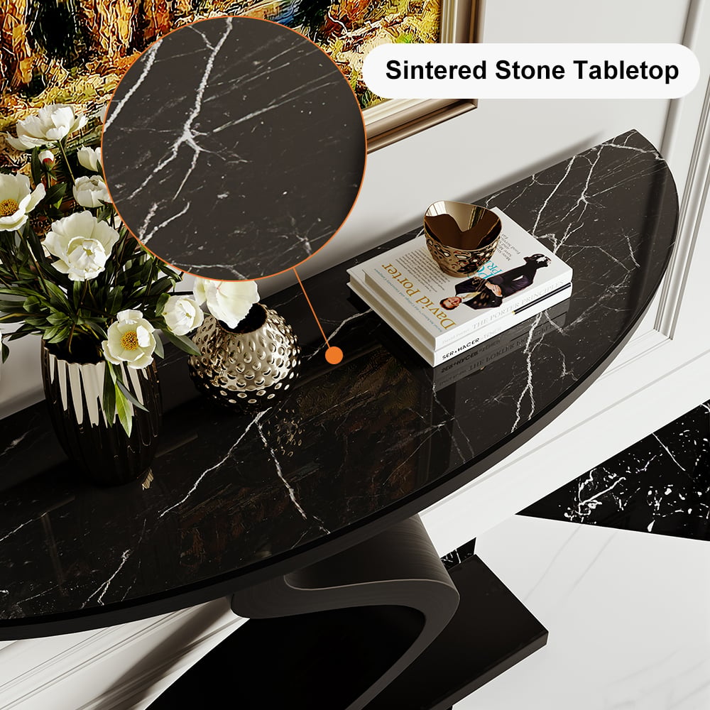 HMR - Modern 39.4" Curved Console Table with Sintered Stone Top Half Moon Shape