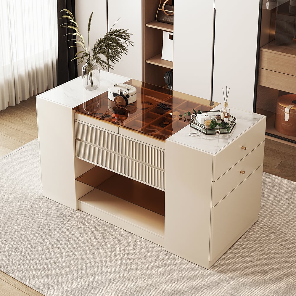 HMR - 60" Glass Top Dresser Walk-in Closet Island with Jewelry Storage