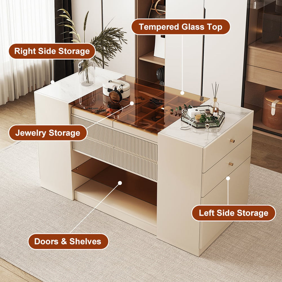 HMR - 60" Glass Top Dresser Walk-in Closet Island with Jewelry Storage