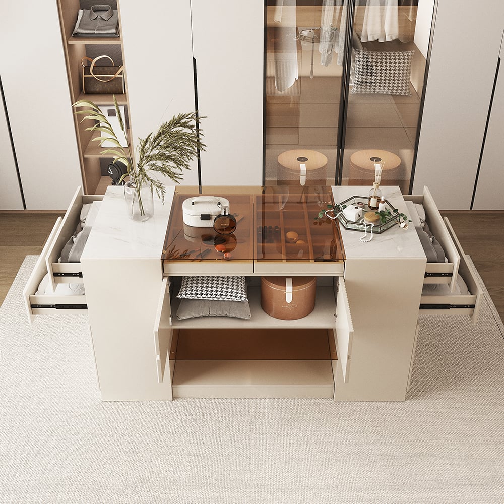 HMR - 60" Glass Top Dresser Walk-in Closet Island with Jewelry Storage