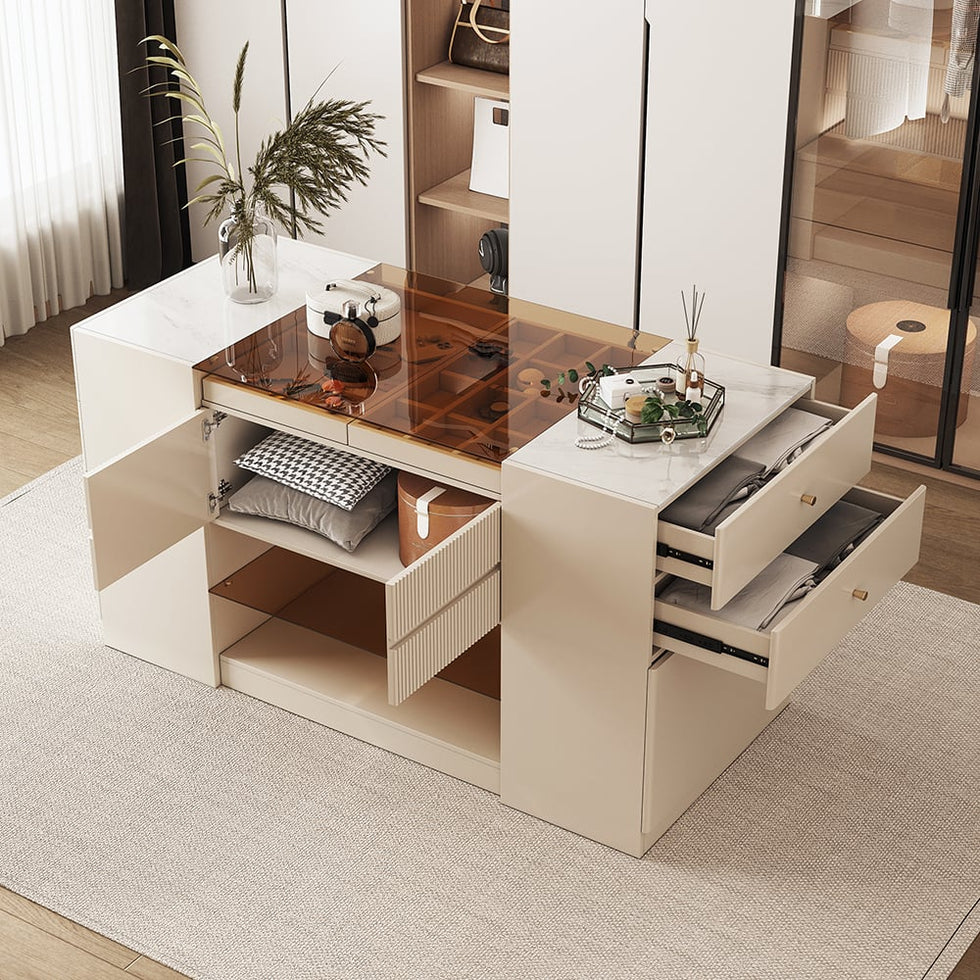 HMR - 60" Glass Top Dresser Walk-in Closet Island with Jewelry Storage