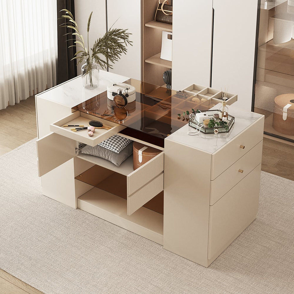 HMR - 60" Glass Top Dresser Walk-in Closet Island with Jewelry Storage