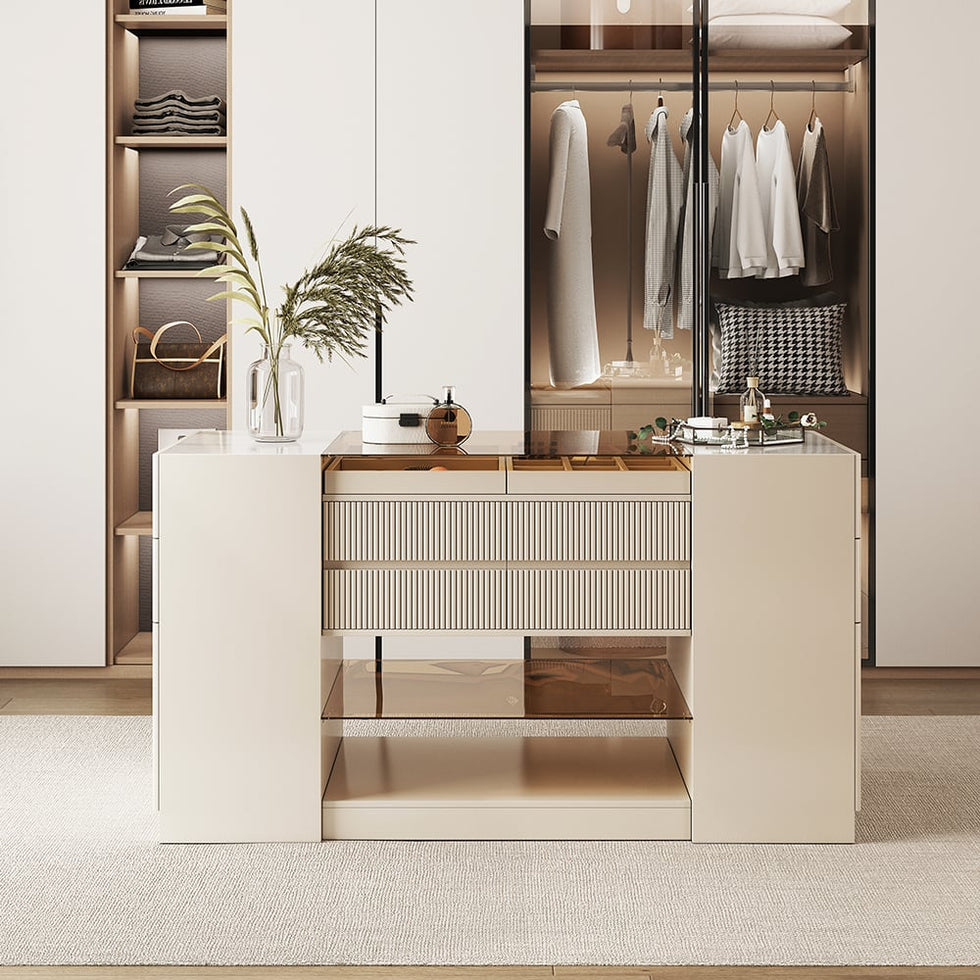 HMR - 60" Glass Top Dresser Walk-in Closet Island with Jewelry Storage