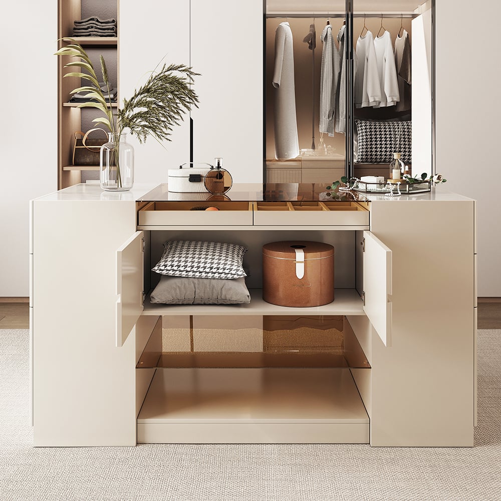 HMR - 60" Glass Top Dresser Walk-in Closet Island with Jewelry Storage
