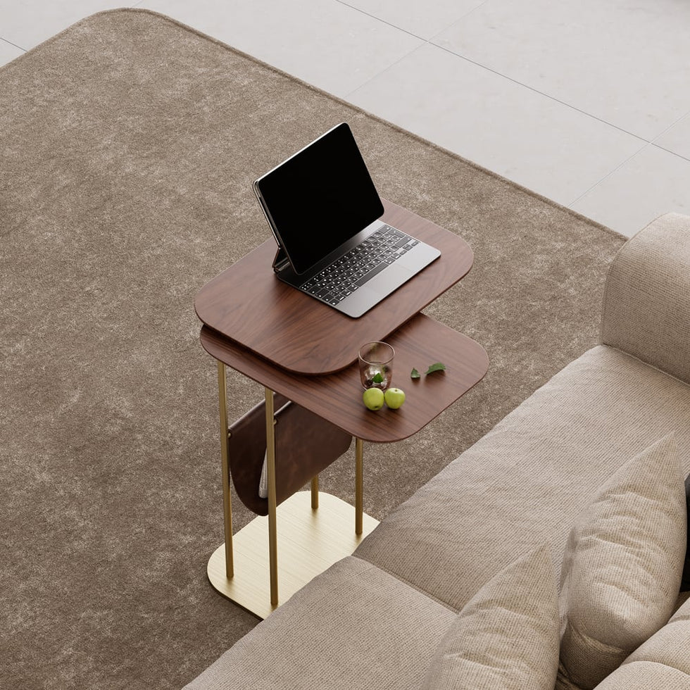 HMR - C-Shaped Walnut & Gold Rotating Side Table with Storage