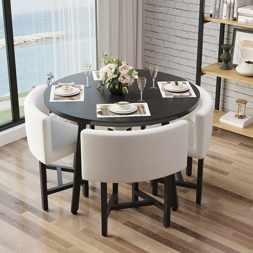 HMR - Dining Set 394 Modern Round Wood Dining Table with 4 Chairs