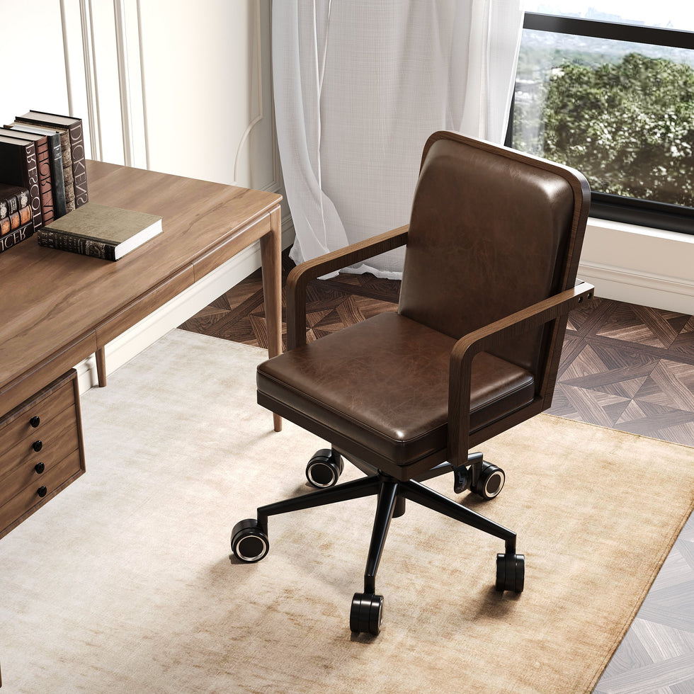 HMR - Mid-Century Faux Leather & Wood Adjustable Office Chair