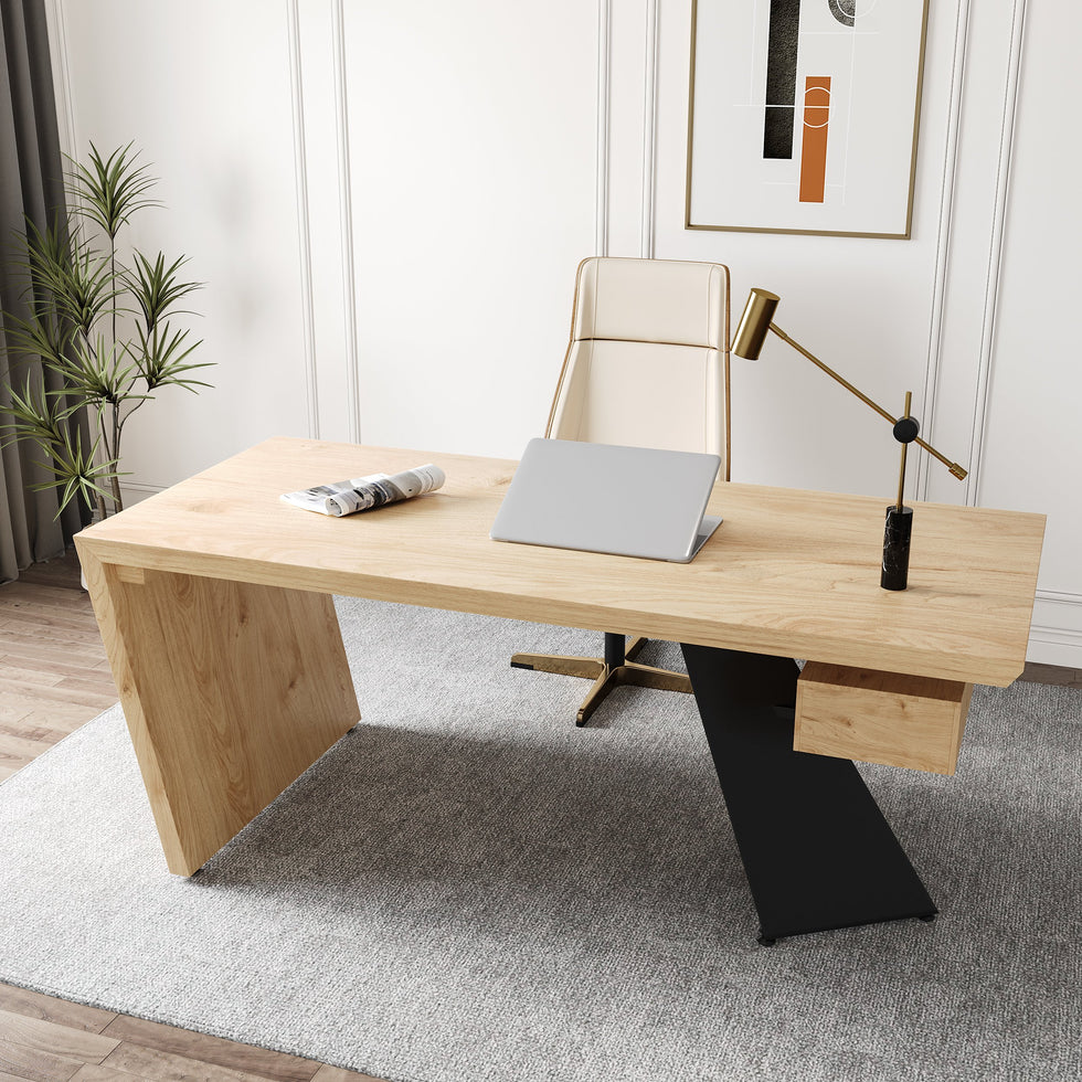 HMR - Industrial Wooden Writing Desk & Leather Office Chair Set