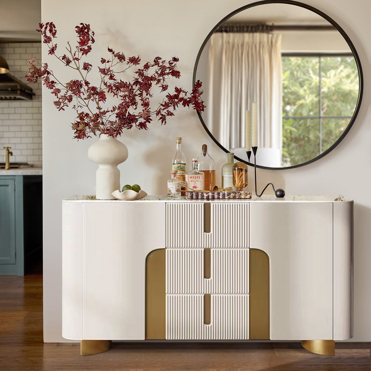 HMR - Artus Modern White 59"W Sintered Stone Sideboard 3 Drawers Kitchen Buffet Table