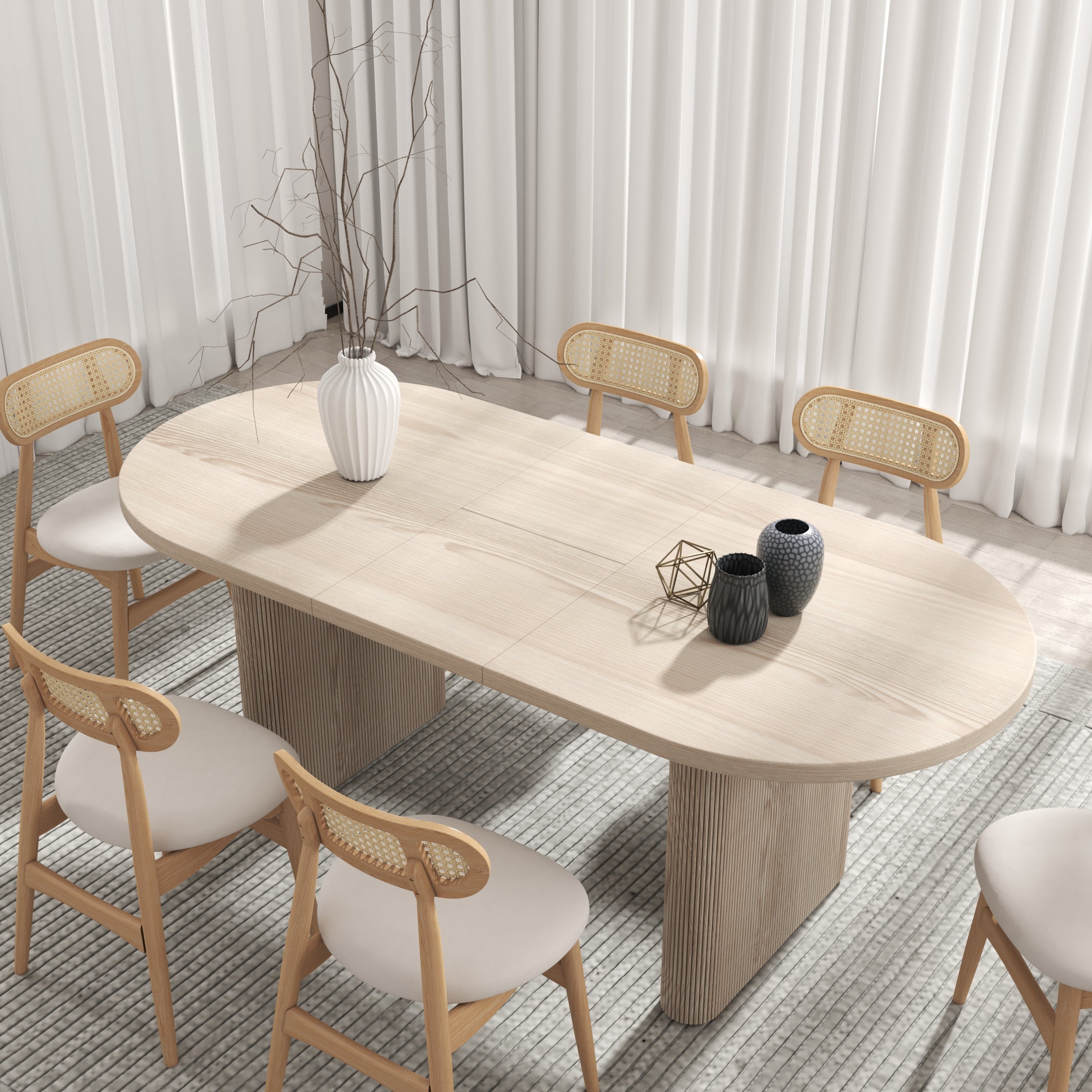HMR - Dining Set 63"-79" Japandi Oval Extendable Dining Table Whitewash with Chairs