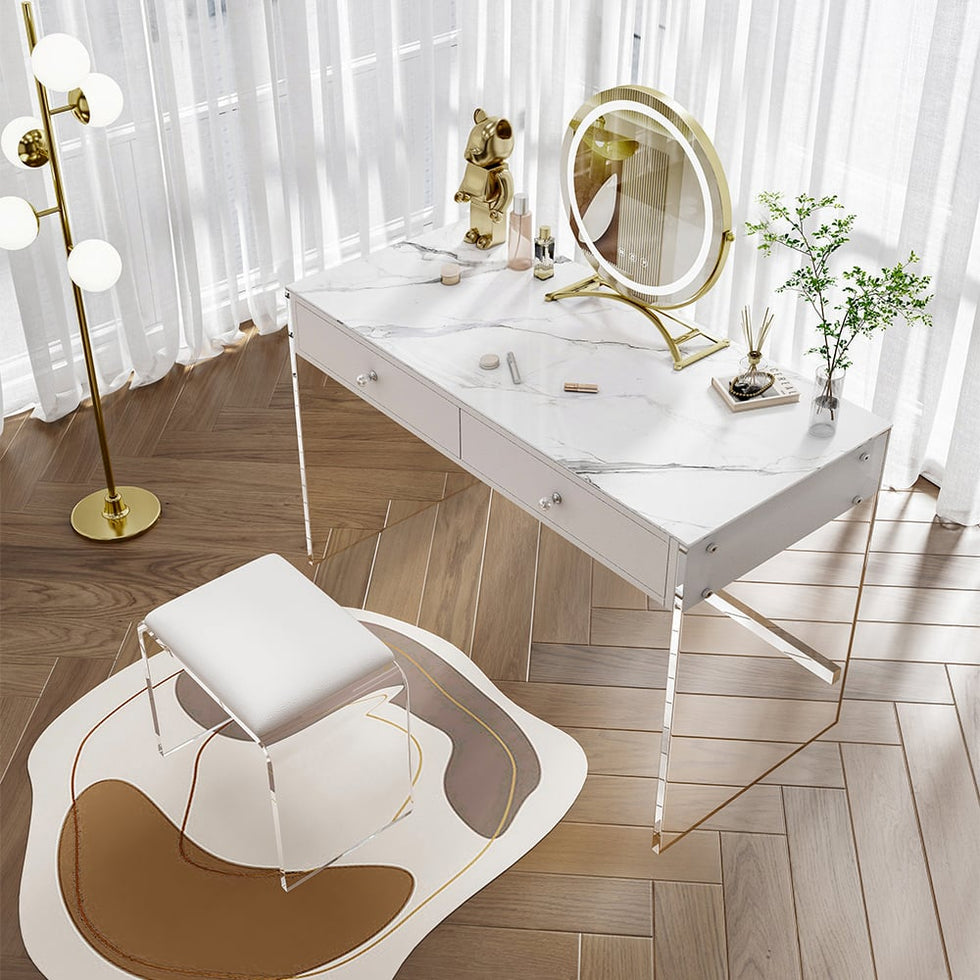 HMR - Modern Acrylic Floating Makeup Vanity Set with LED Lighted Standing Mirror & Stool