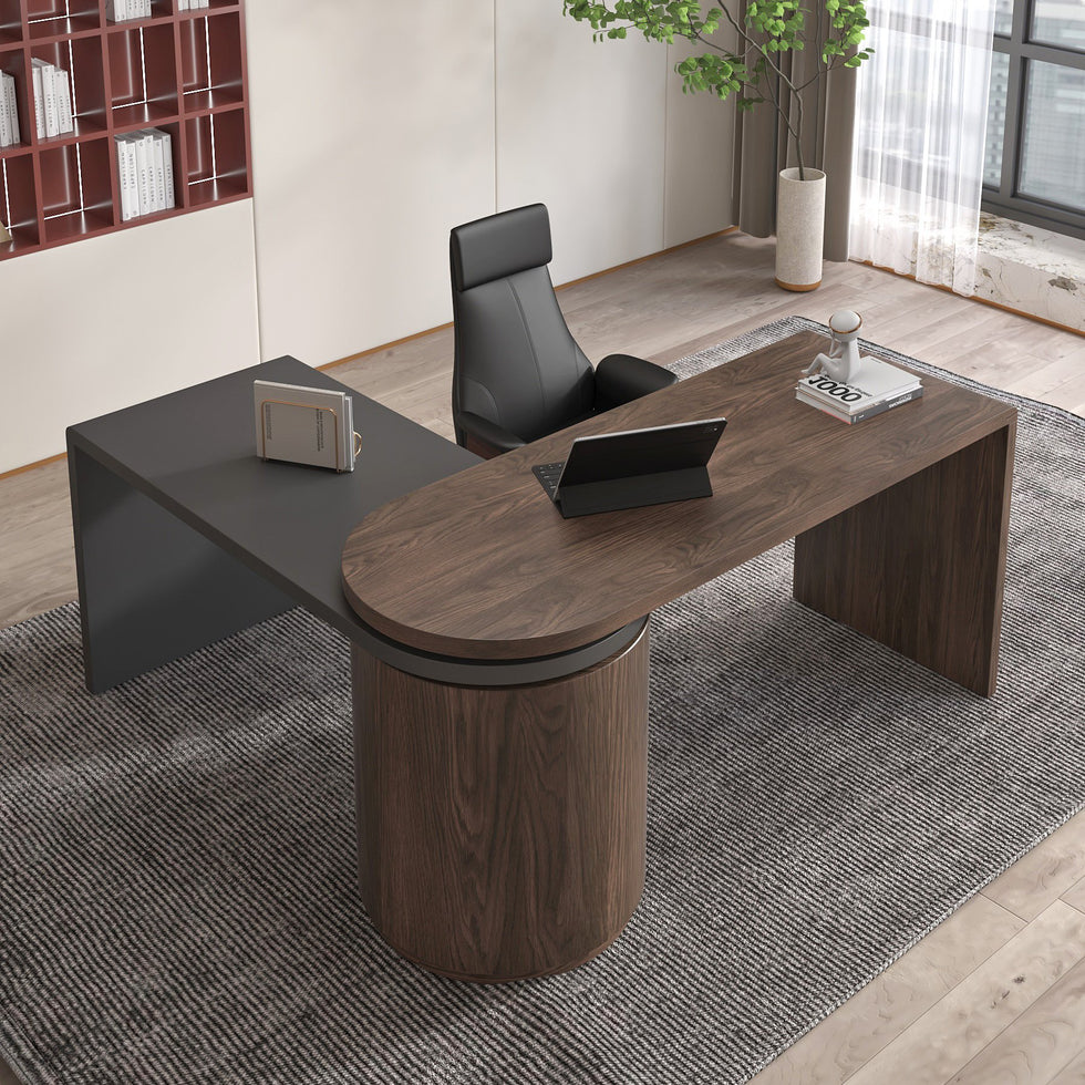 HMR - Modern Set L-Shaped Desk & Reclining Leather Office Adjustable Swivel Chair