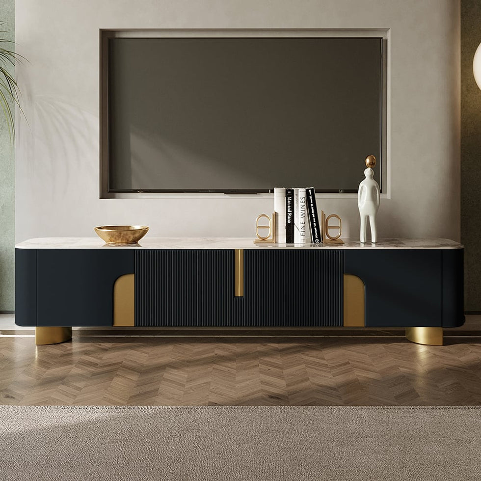 HMR - Artus Modern TV Stand Stone Top 4 Doors with Storage Media Console