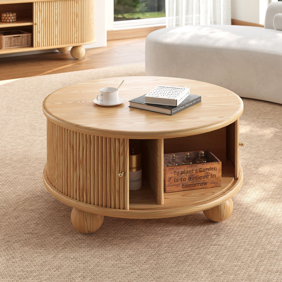HMR - Stria Ash Wood Fluted Coffee Table with Storage