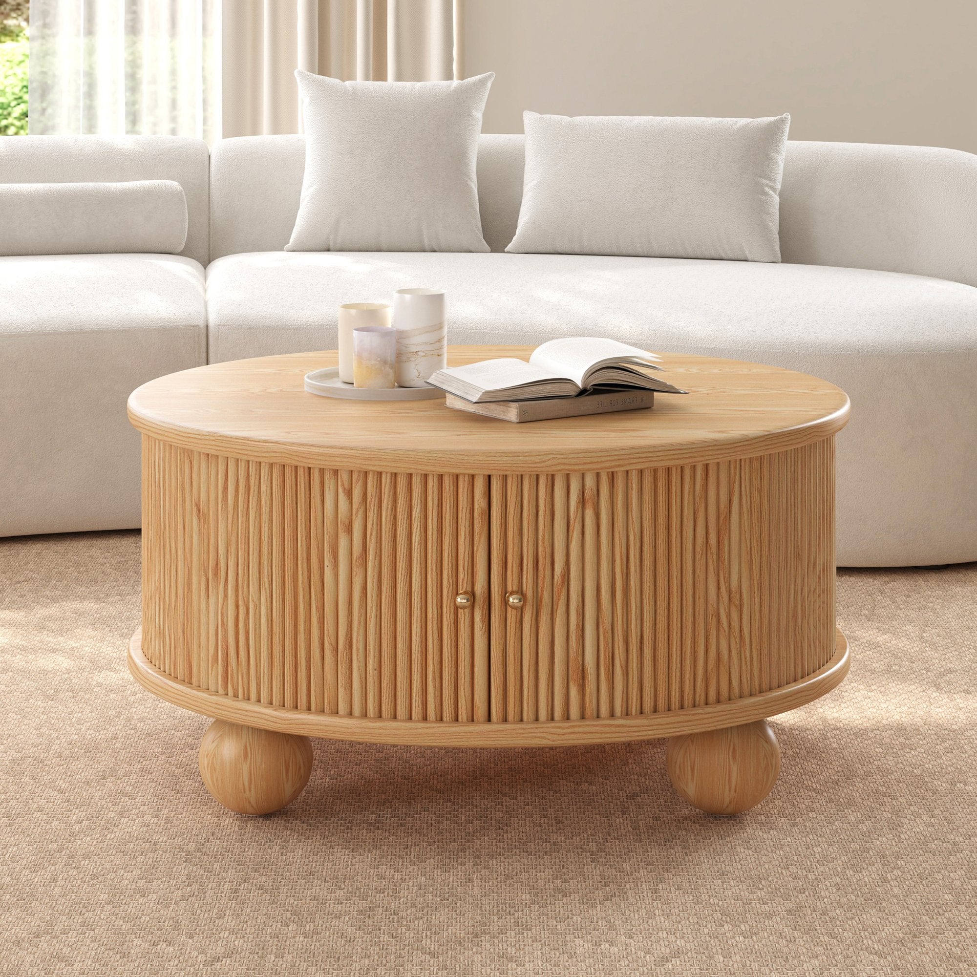 HMR - Stria Ash Wood Fluted Coffee Table with Storage