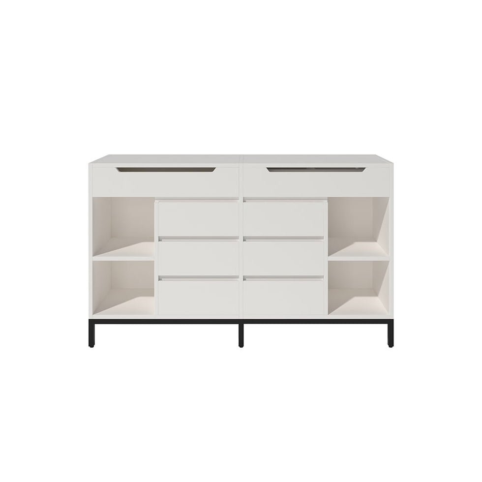 HMR - 8 Drawer 59" Modern White Double Dresser Wide Cabinet with Flip-Top Mirror & Shelves