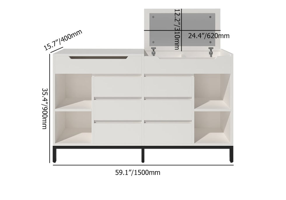 HMR - 8 Drawer 59" Modern White Double Dresser Wide Cabinet with Flip-Top Mirror & Shelves