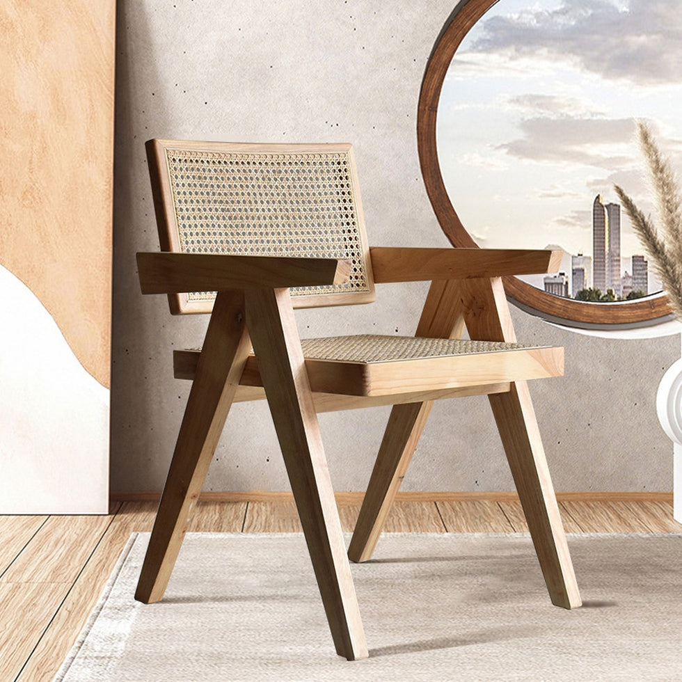 HMR - Archic Japandi Bleached Wood Rattan Dining Chair with Solid Wood Frame