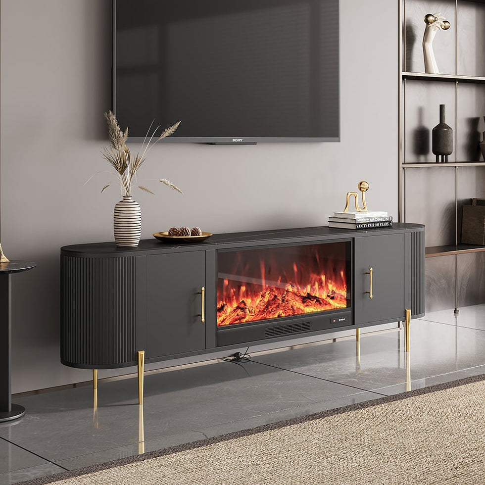 HMR - 78.7" Modern Electric Fireplace TV Stand Sintered Stone Top with Remote Control