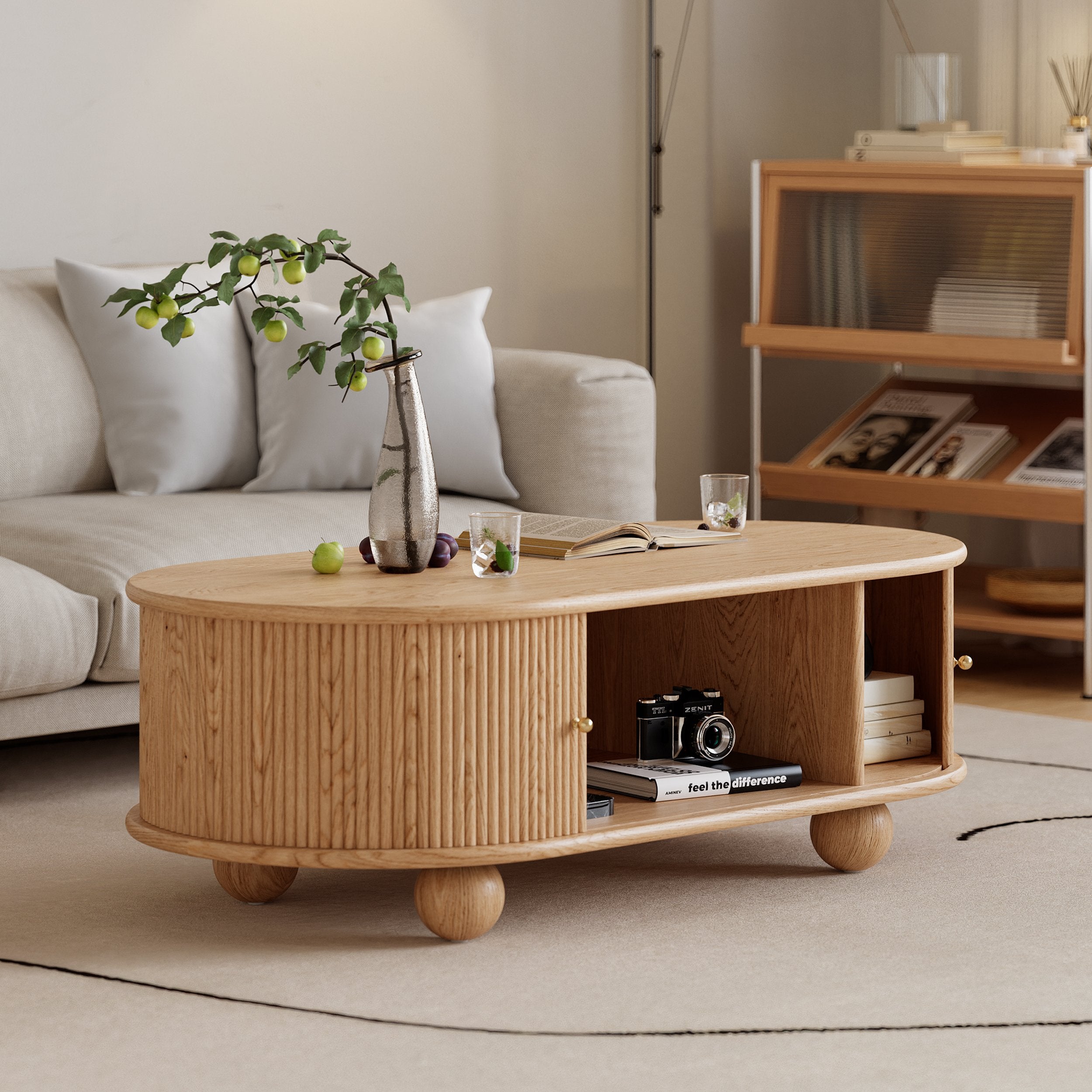HMR - Stria Ash Wood Fluted Coffee Table with Storage
