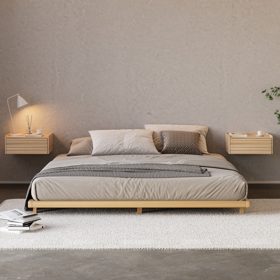 HMR - Japanese Style Queen Low Bed Frame Natural Floor Bed & Floating Wooden Nightstands Set