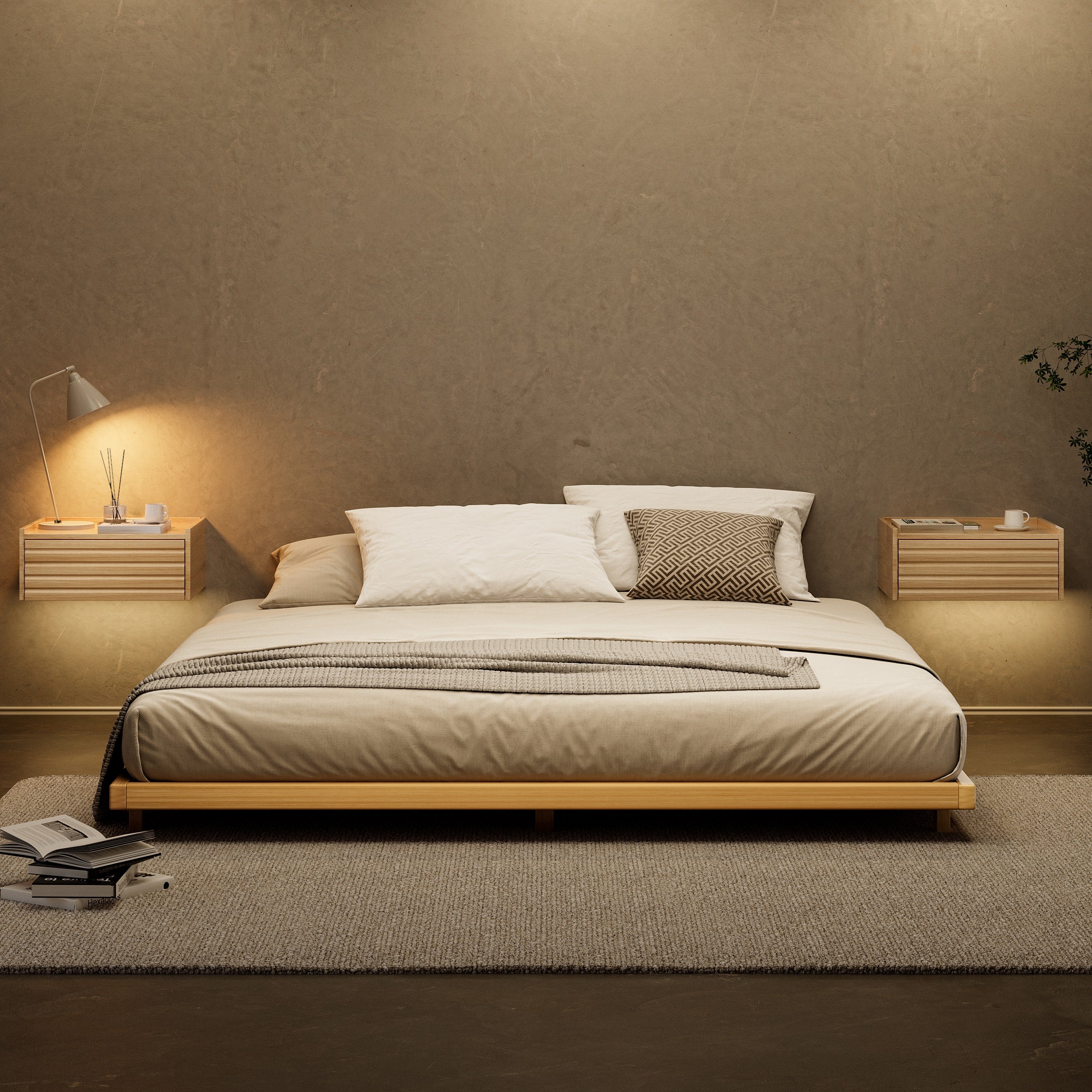 HMR - Japanese Style Queen Low Bed Frame Natural Floor Bed & Floating Wooden Nightstands Set
