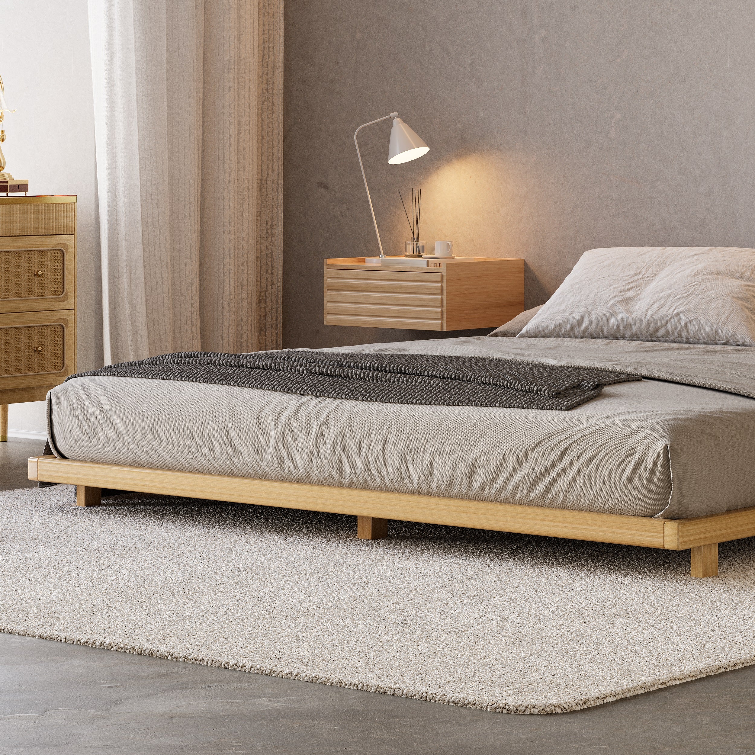 HMR - Japanese Style Queen Low Bed Frame Natural Floor Bed & Floating Wooden Nightstands Set