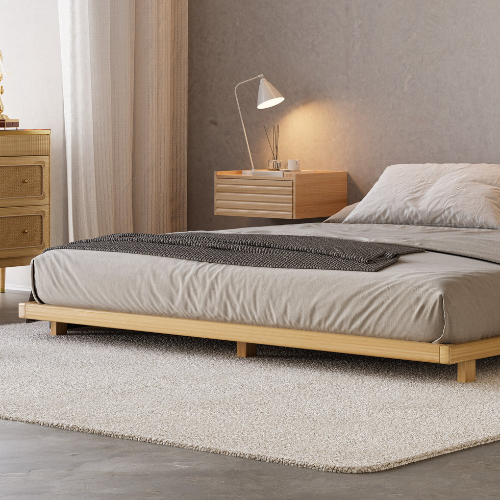 HMR - Japanese Style Queen Low Bed Frame Natural Floor Bed & Floating Wooden Nightstands Set