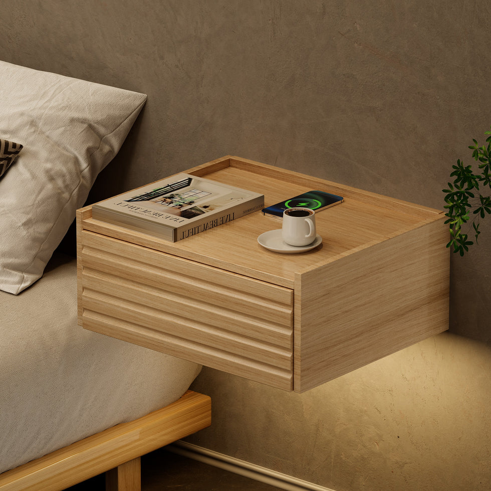 HMR - Japanese Style Queen Low Bed Frame Natural Floor Bed & Floating Wooden Nightstands Set