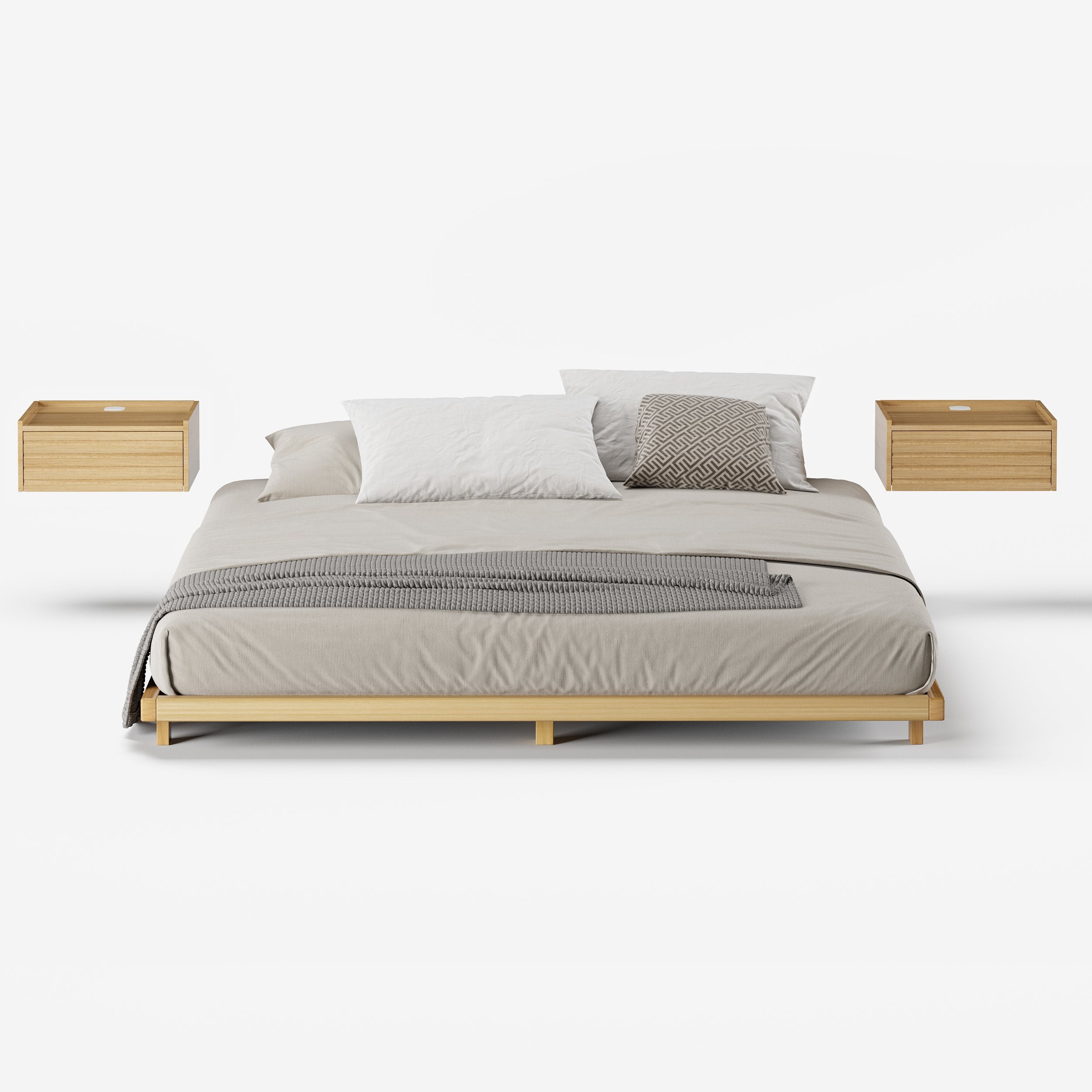 HMR - Japanese Style Queen Low Bed Frame Natural Floor Bed & Floating Wooden Nightstands Set