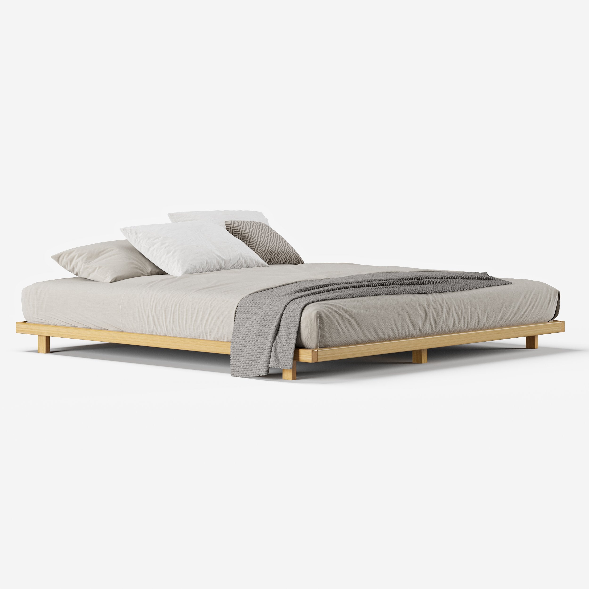 HMR - Japanese Style Queen Low Bed Frame Natural Floor Bed & Floating Wooden Nightstands Set