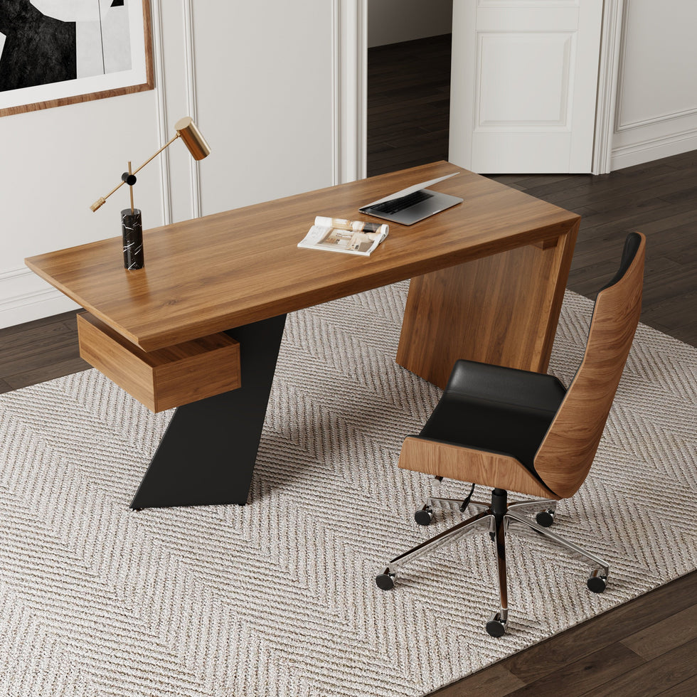 HMR - Industrial Wooden Writing Desk & Leather Office Chair Set