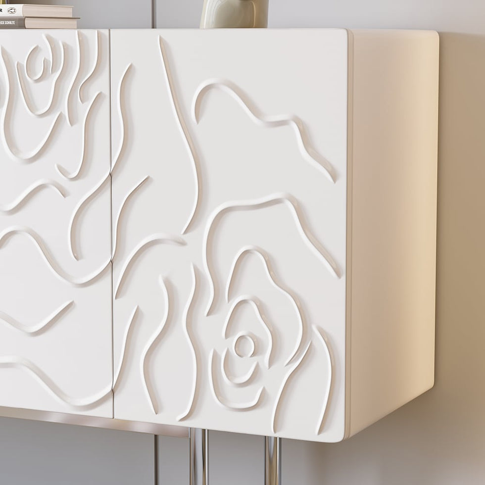 HMR - 59" White Sideboard Buffet with Doors Modern Carved Credenza Adjustable Shelves