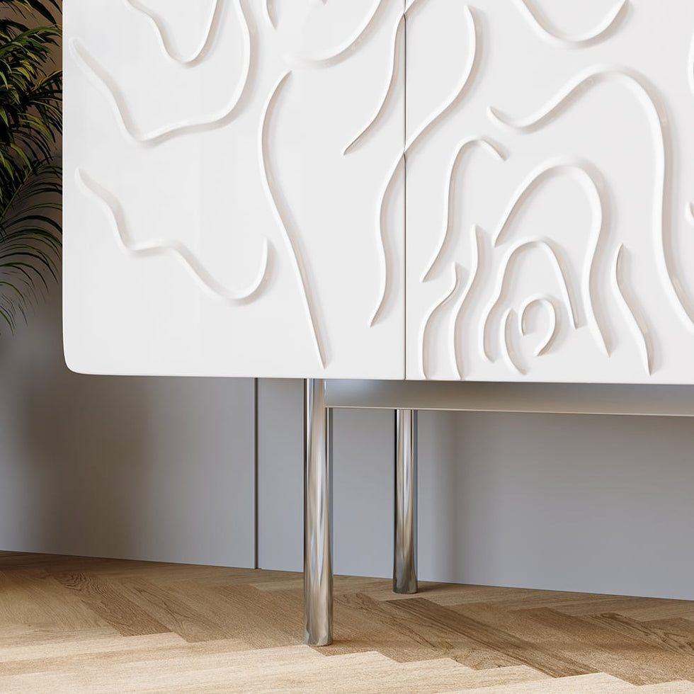 HMR - 59" White Sideboard Buffet with Doors Modern Carved Credenza Adjustable Shelves