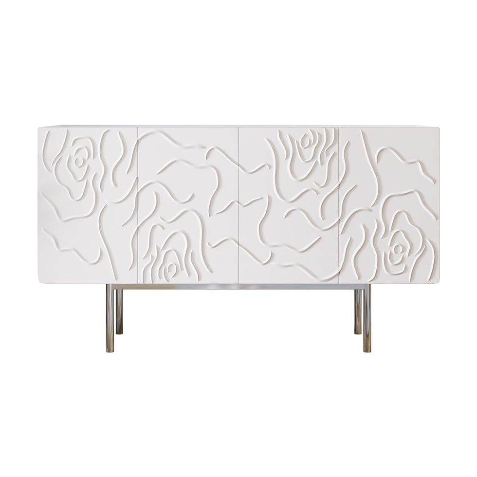 HMR - 59" White Sideboard Buffet with Doors Modern Carved Credenza Adjustable Shelves
