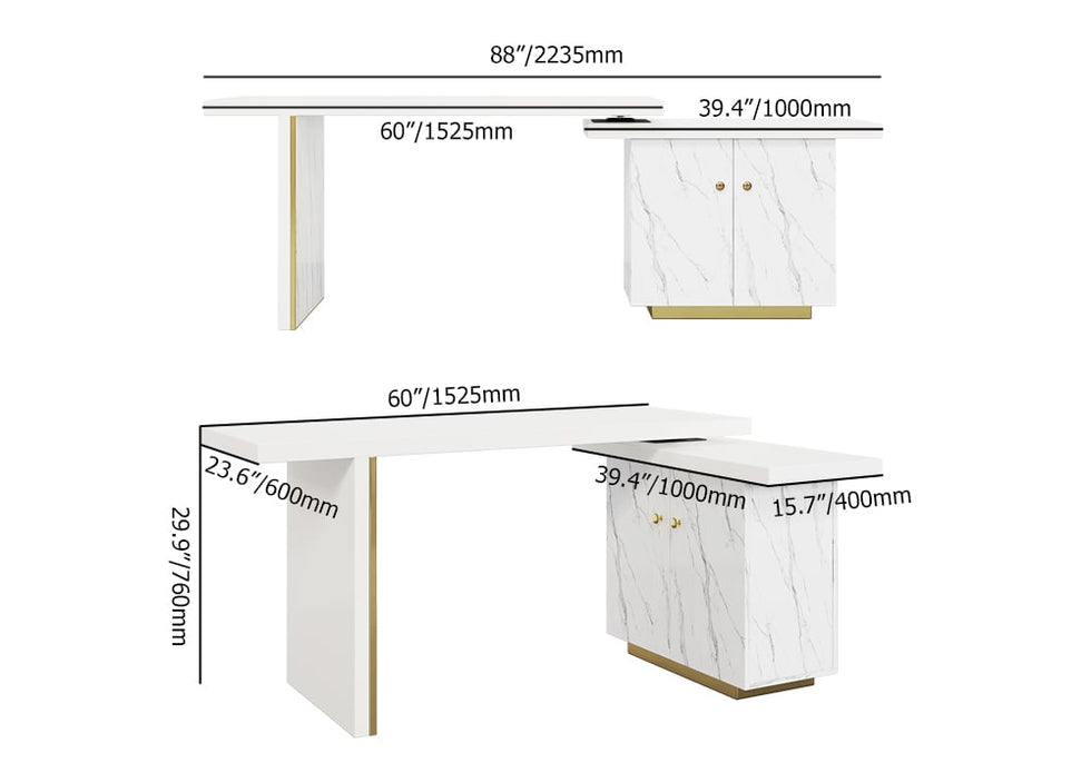 HMR - 88" Modern White L-Shape Writing Desk with Side Cabinet Wood Office Desk Gold Finish