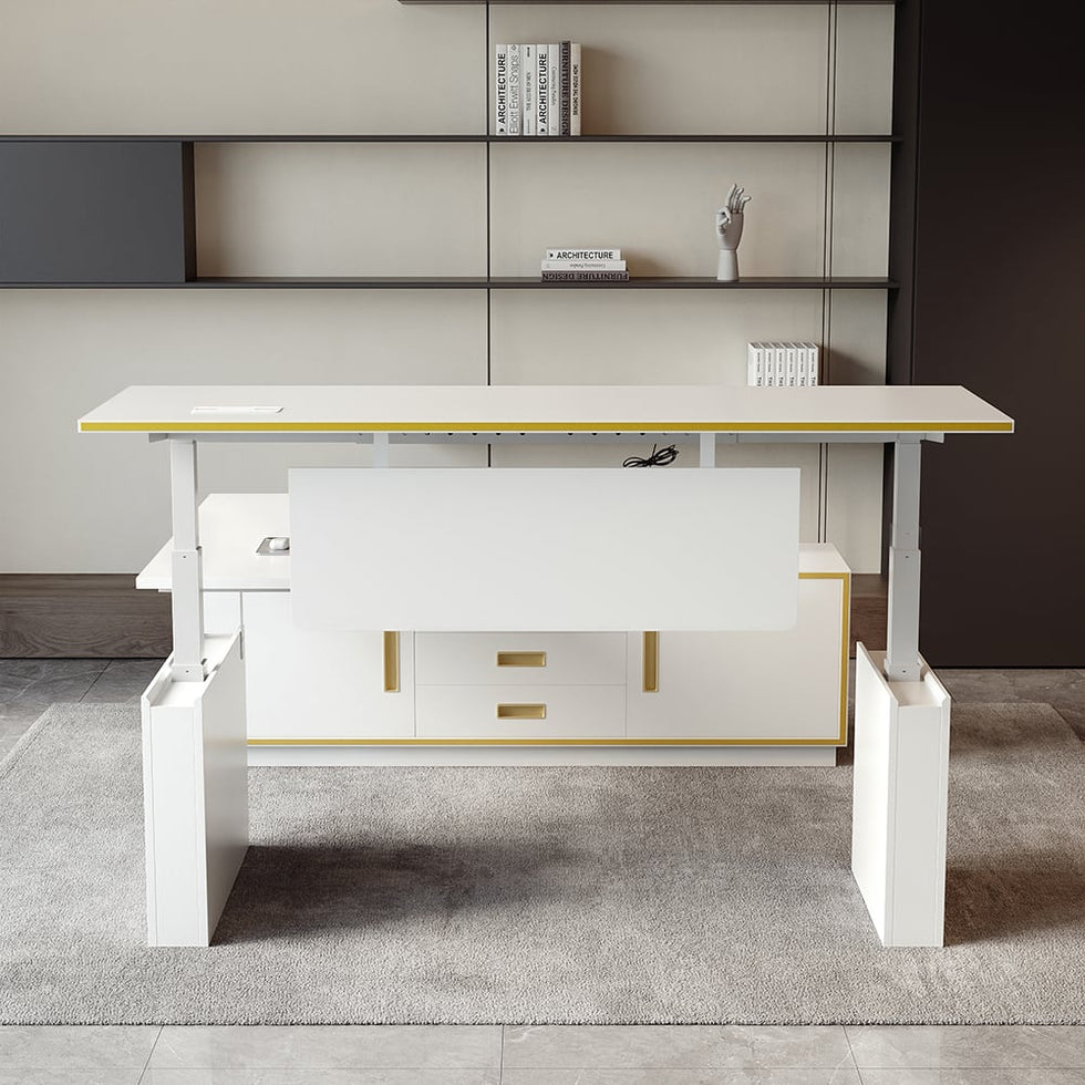 HMR - Modern White U-shaped Adjustable Height Electric Standing Desk with 2 Doors & 3 Drawers