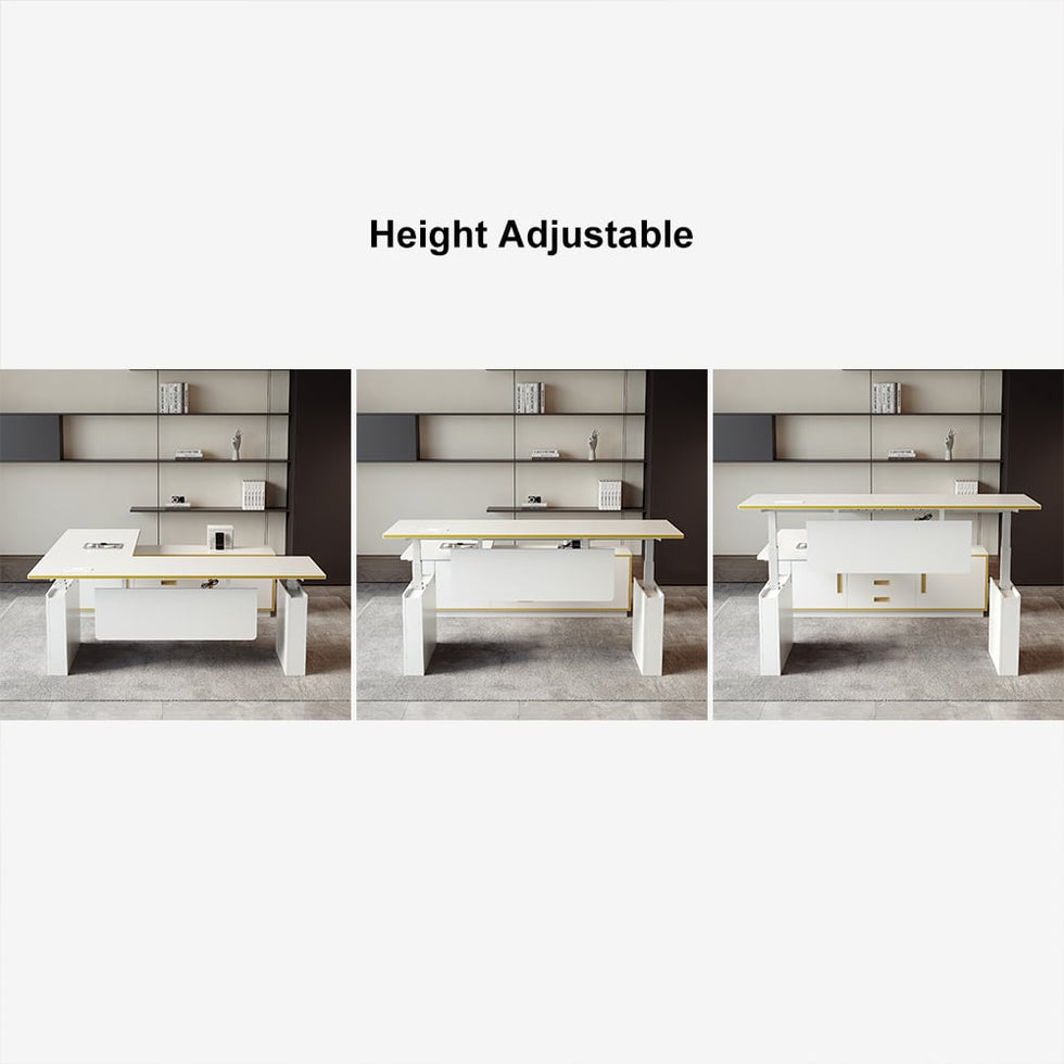 HMR - Modern White U-shaped Adjustable Height Electric Standing Desk with 2 Doors & 3 Drawers