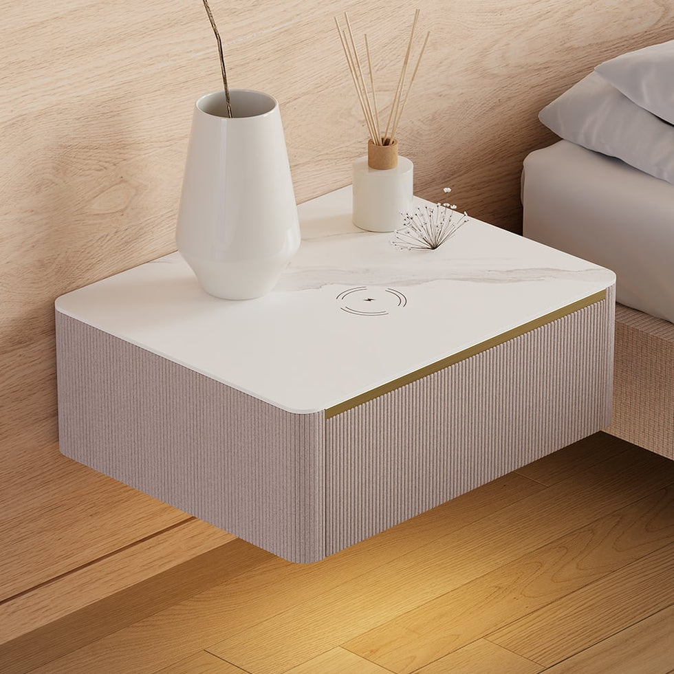 HMR - Modern Floating Nightstand 1 Drawer Bedside Table with Sintered Stone Top