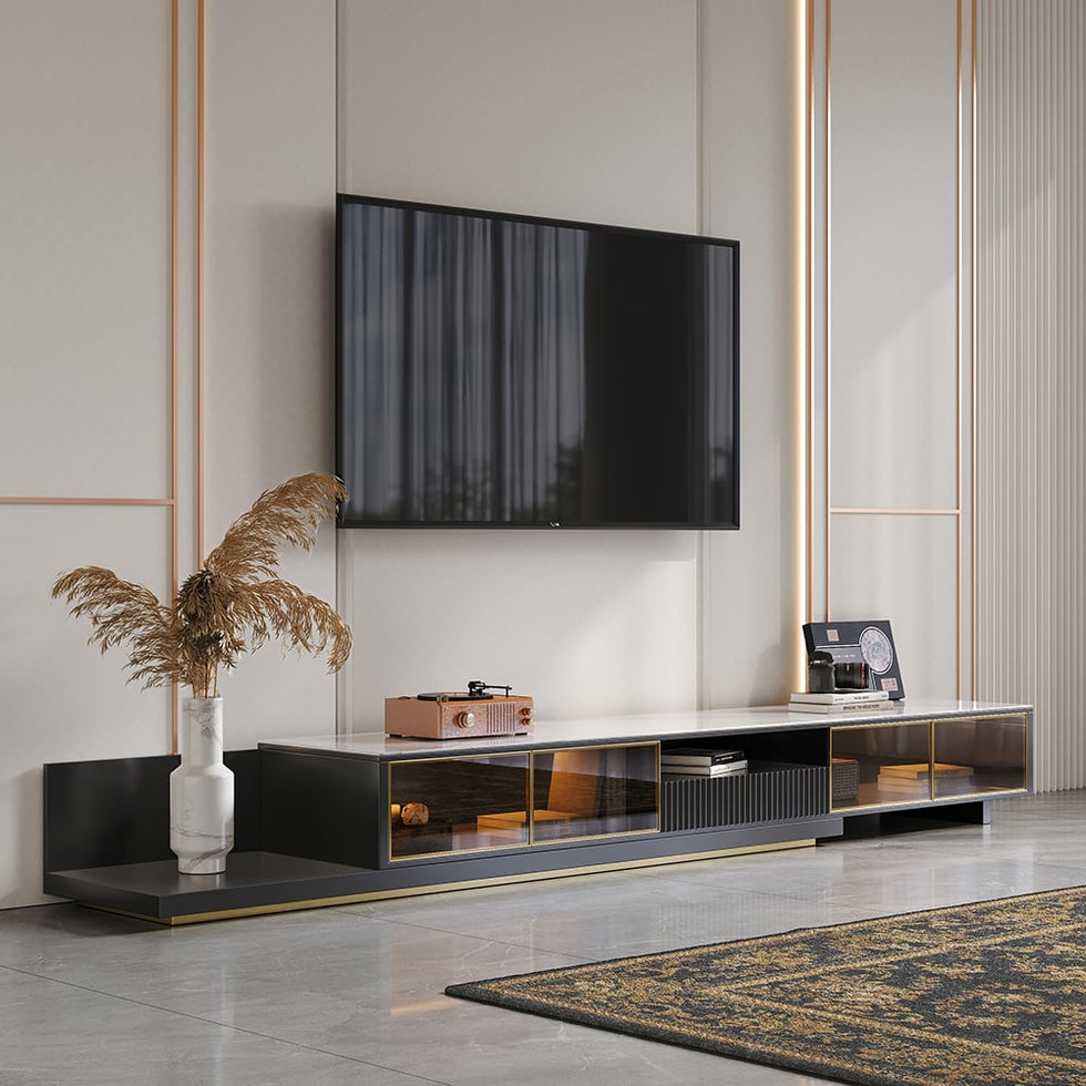 HMR - 110.2" Modern Extendable TV Stand Glass Door Media Console with LED Light & Drawer