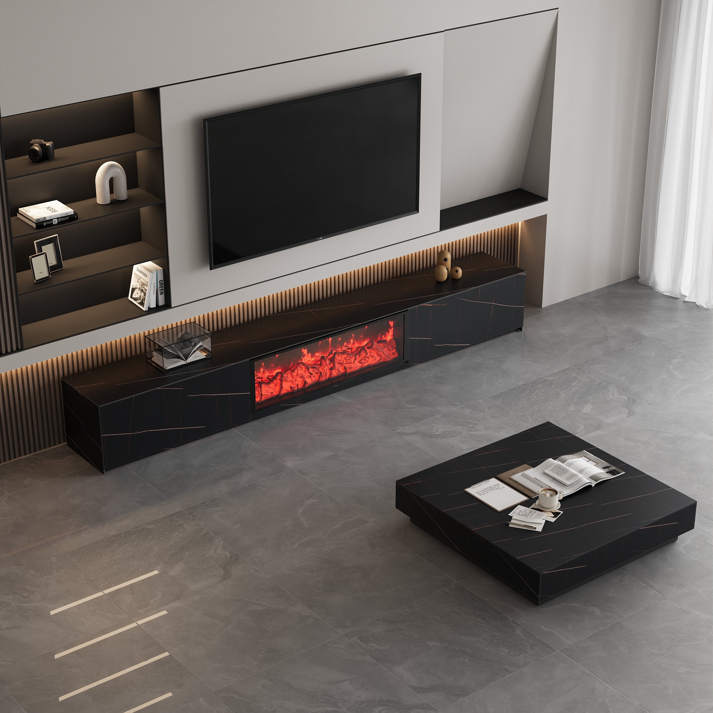 HMR - Sintered Stone Electric Fireplace TV Stand & Coffee Table Set