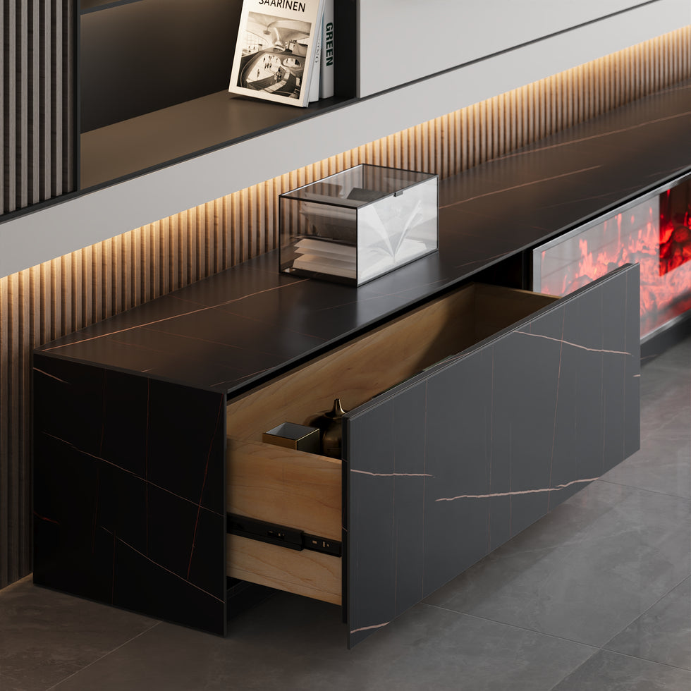 HMR - Sintered Stone Electric Fireplace TV Stand & Coffee Table Set