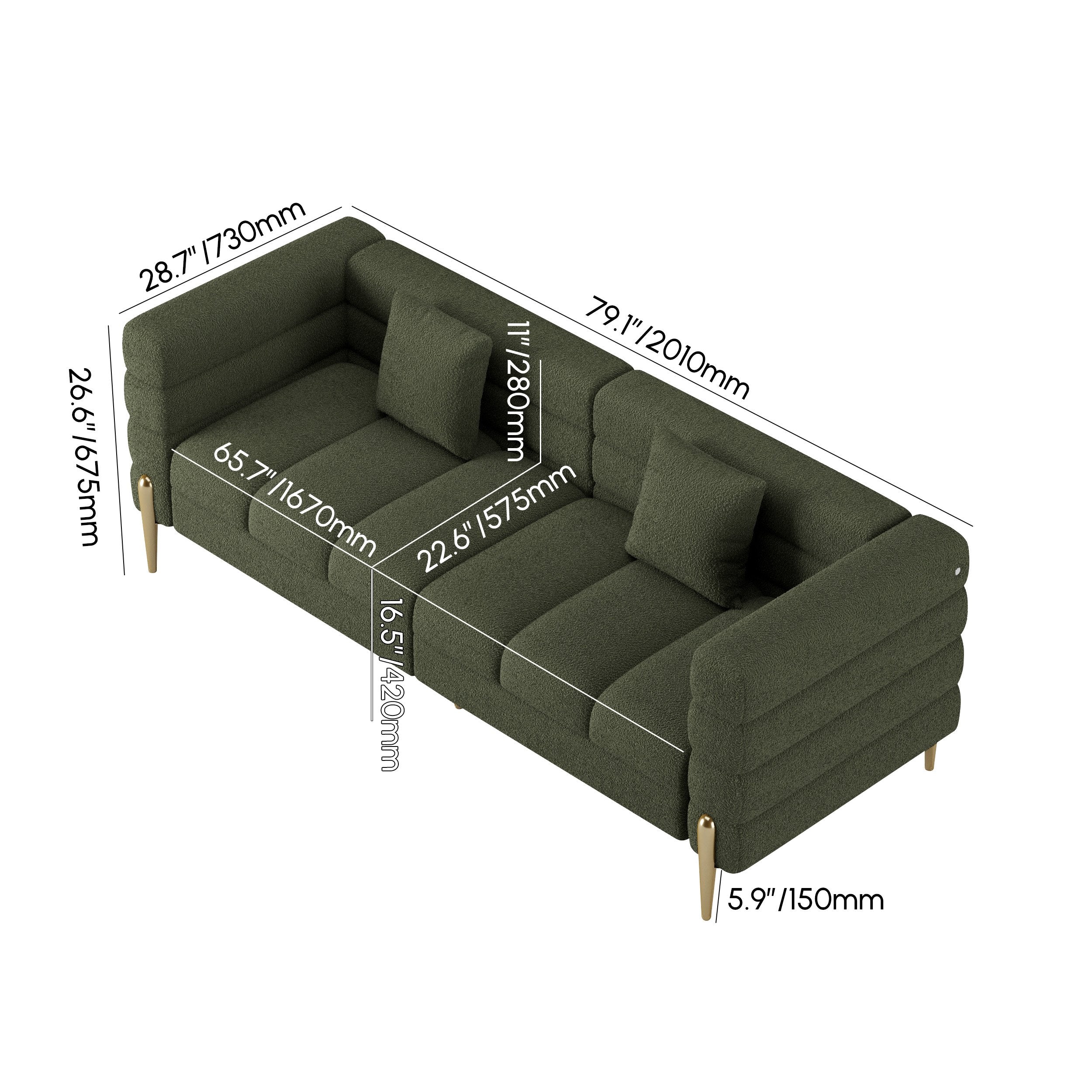 HMR - Aurora 79" Fluted Sofa with Gold Legs & Pillows