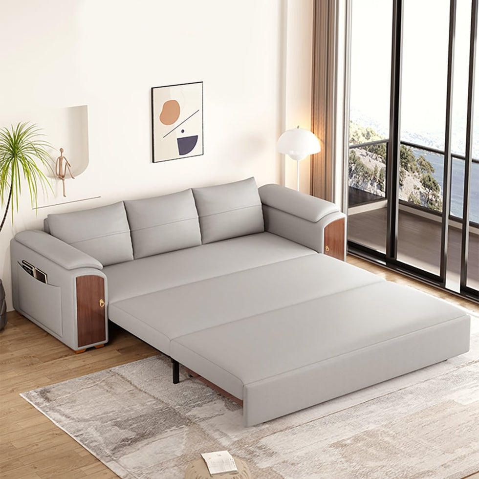 HMR - 94.5" Gray Pull Out Sofa Bed Convertible Leath-Aire Sleeper with Lift-top Coffee Table