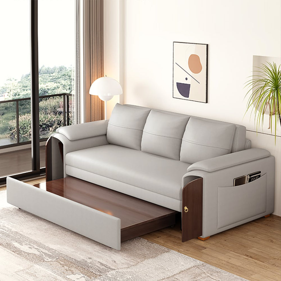 HMR - 94.5" Gray Pull Out Sofa Bed Convertible Leath-Aire Sleeper with Lift-top Coffee Table